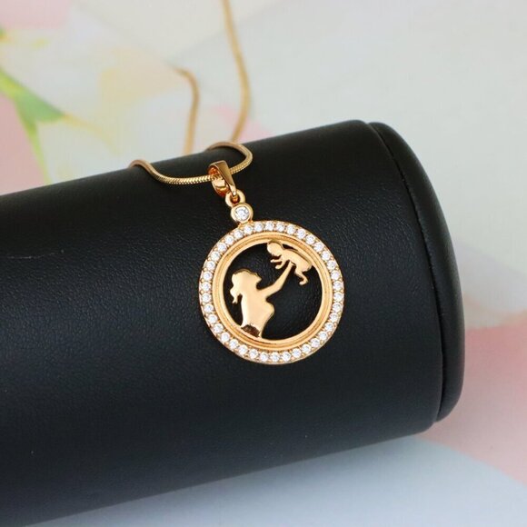 "Rose Gold Circle Pendant with Mother & Child Design and CZ Accents, XPPT1401 - Picture 4 of 13